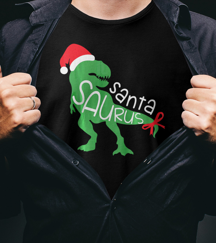 T Rex Dinosaur Santa Saurus Merry Funny Christmas Hat T-Shirt