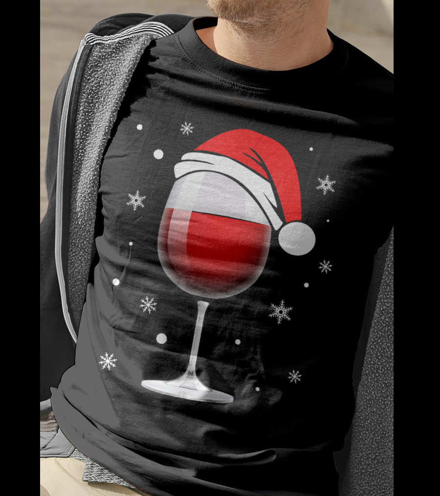 Santa Hat Wine Glass Funny Christmas Holid Snowflakes T-Shirt