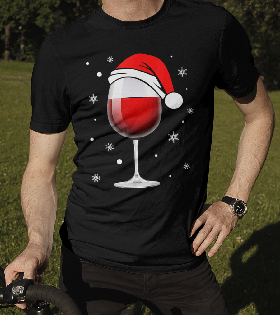 Santa Hat Wine Glass Funny Christmas Holid Snowflakes T-Shirt
