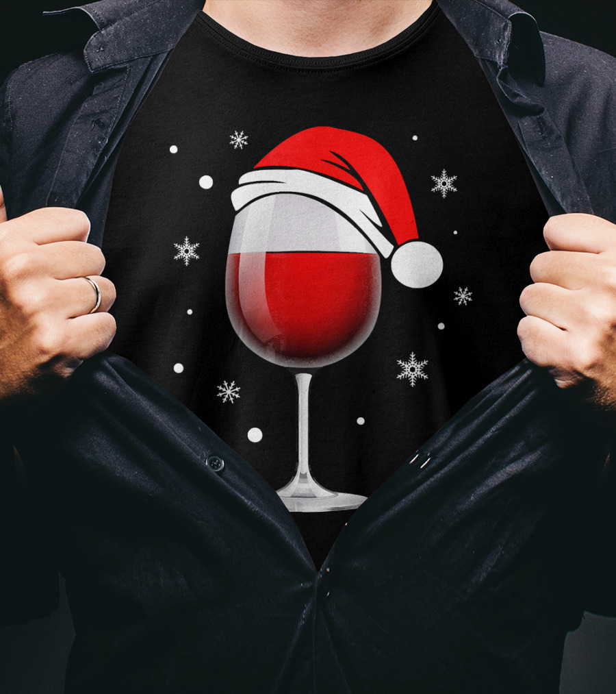 Santa Hat Wine Glass Funny Christmas Holid Snowflakes T-Shirt