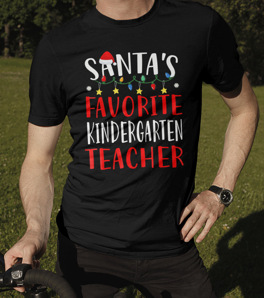 Santa's Favorite Kindergarten Teacher Christmas Lights And Hat T-Shirt