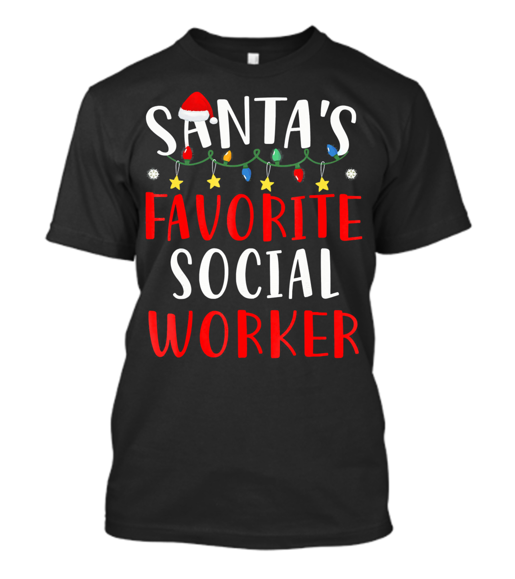 Santa's Favorite Social Worker Christmas Lights Festive Snowflakes Stars T-Shirt