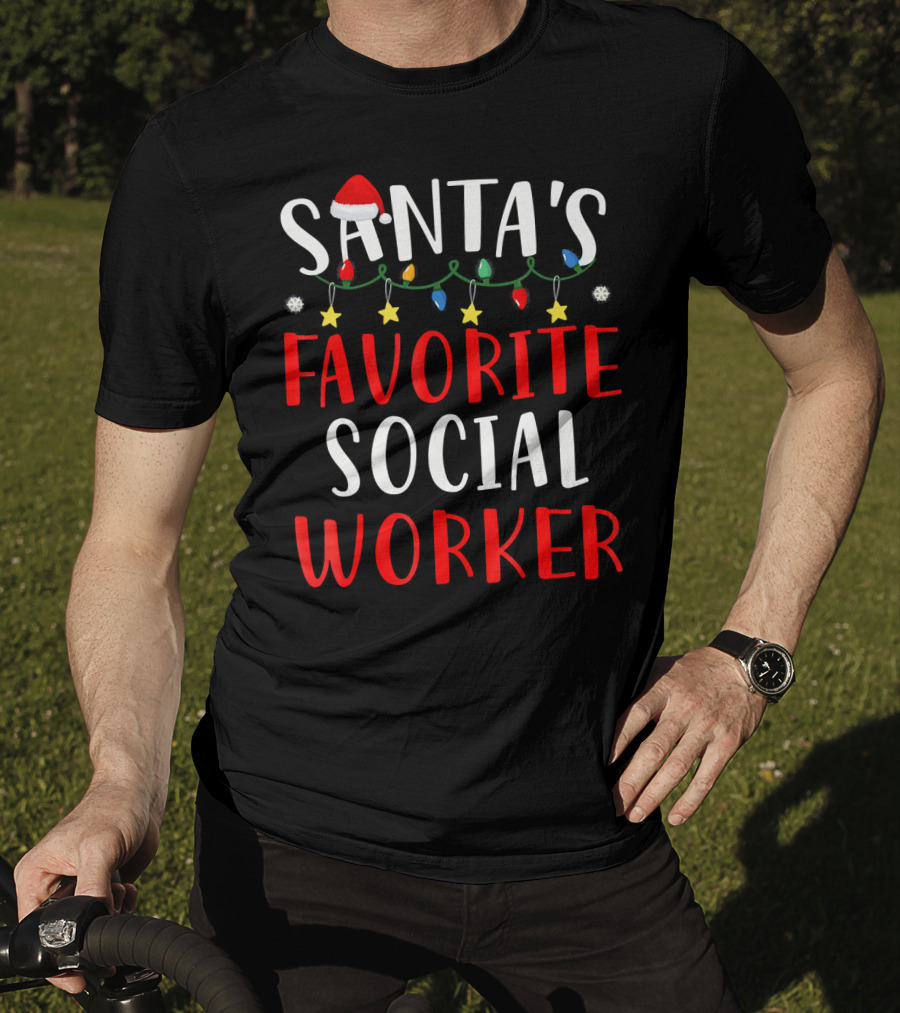 Santa's Favorite Social Worker Christmas Lights Festive Snowflakes Stars T-Shirt