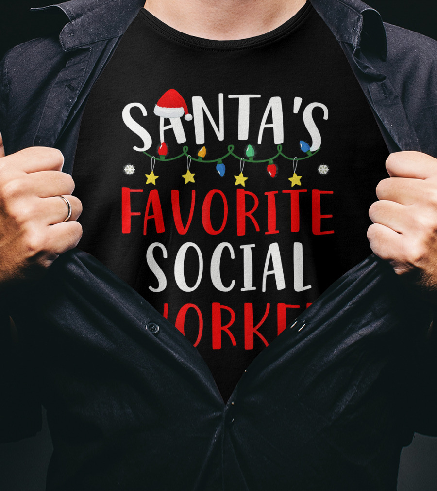 Santa's Favorite Social Worker Christmas Lights Festive Snowflakes Stars T-Shirt
