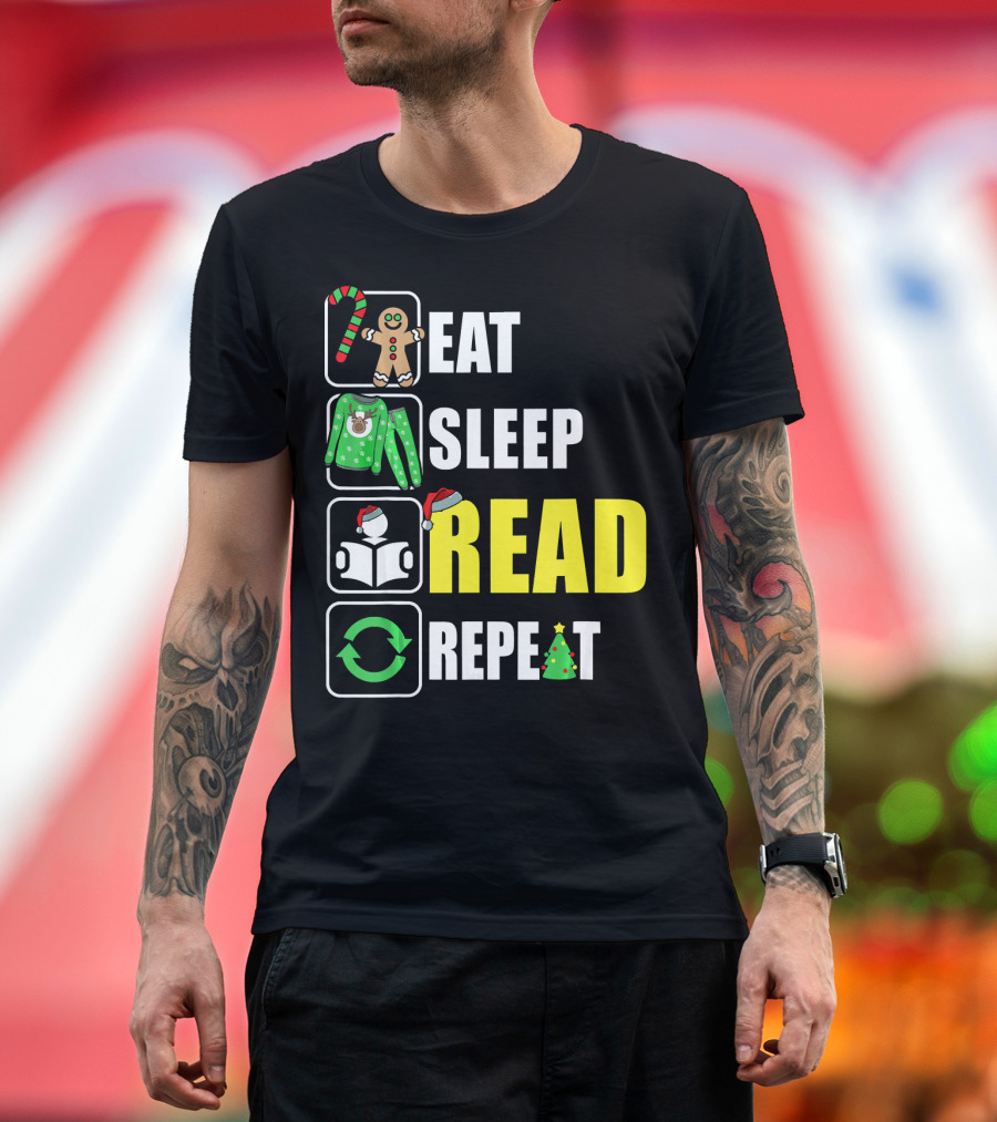 Eat Sleep Read Repeat Christmas Gingerbread Candy Cane Sweater Book Tree T-Shirt