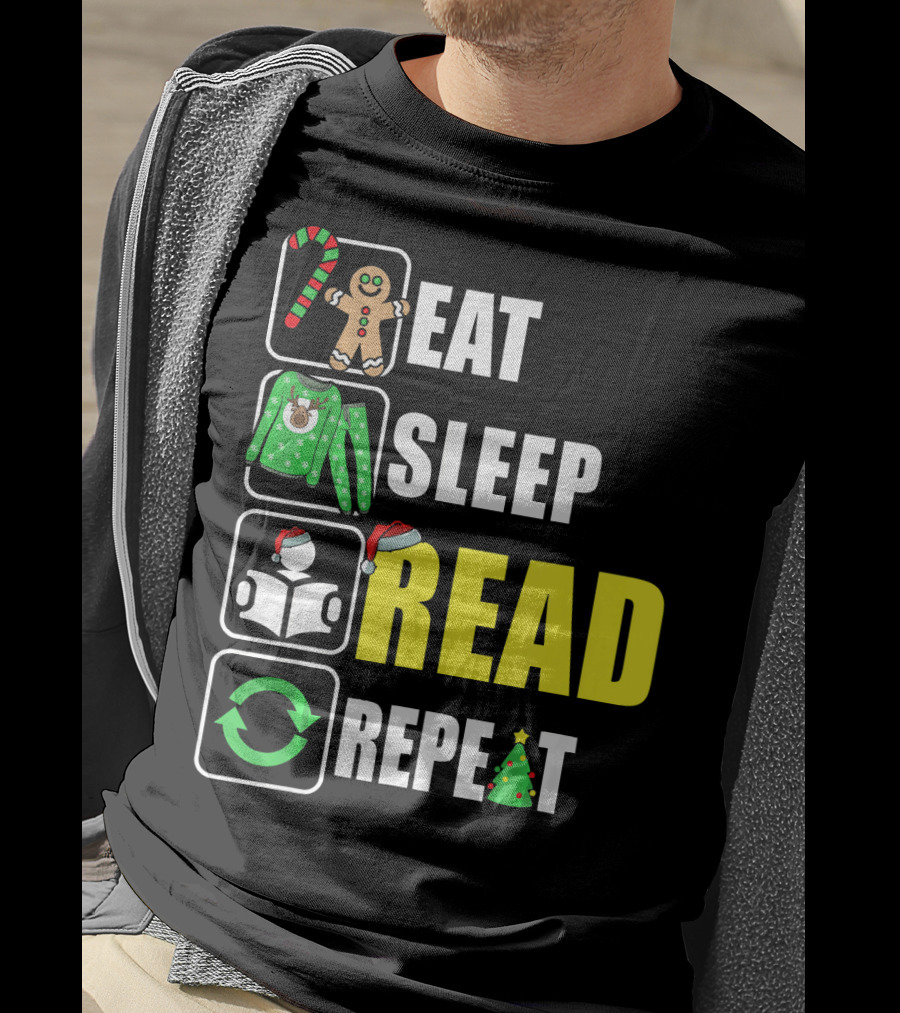 Eat Sleep Read Repeat Christmas Gingerbread Candy Cane Sweater Book Tree T-Shirt