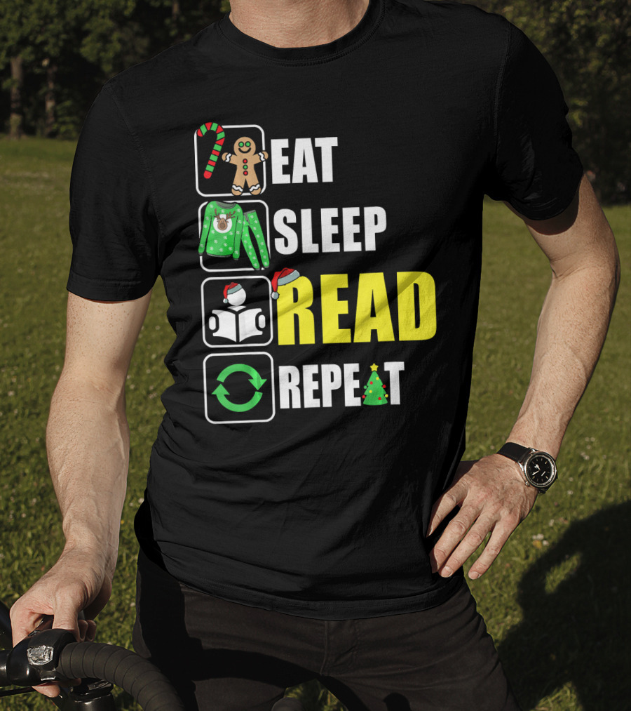Eat Sleep Read Repeat Christmas Gingerbread Candy Cane Sweater Book Tree T-Shirt