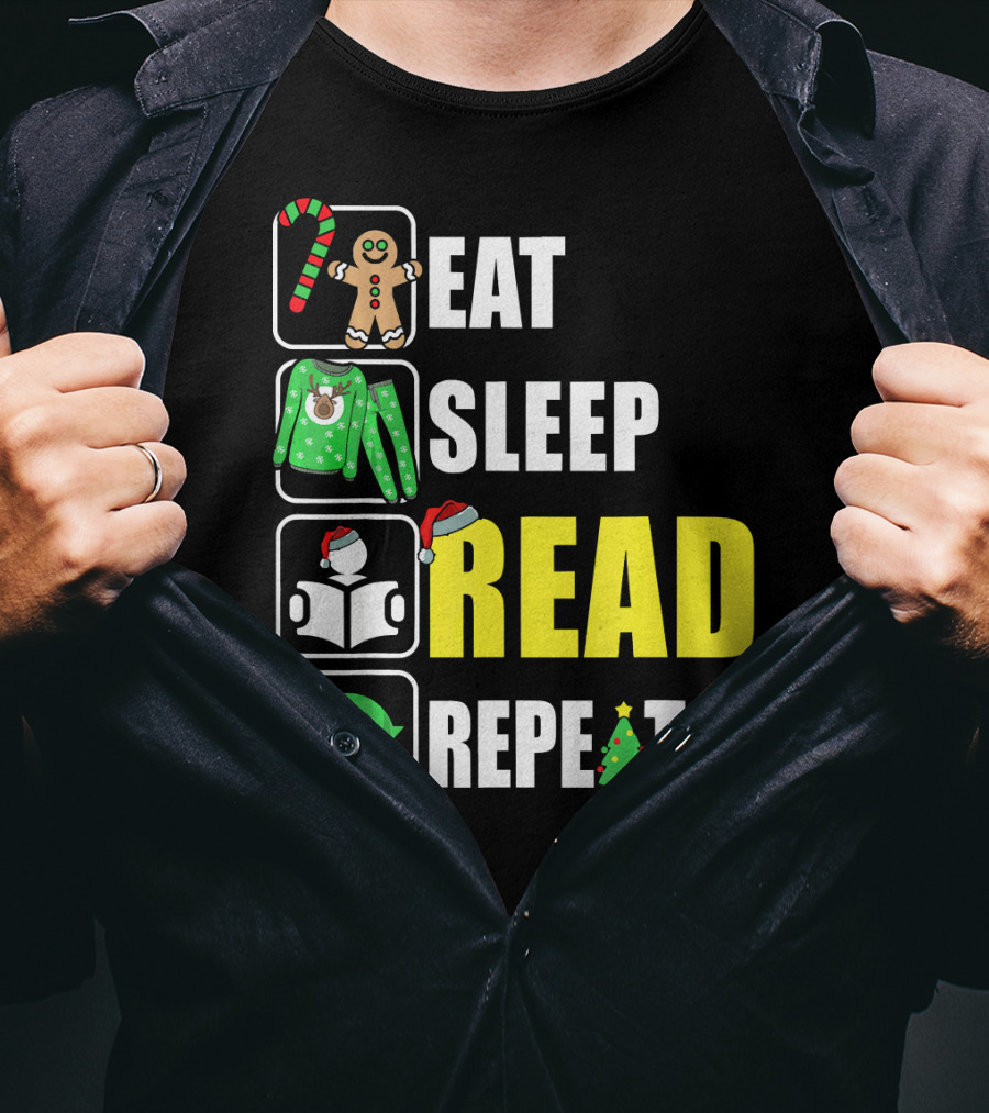 Eat Sleep Read Repeat Christmas Gingerbread Candy Cane Sweater Book Tree T-Shirt