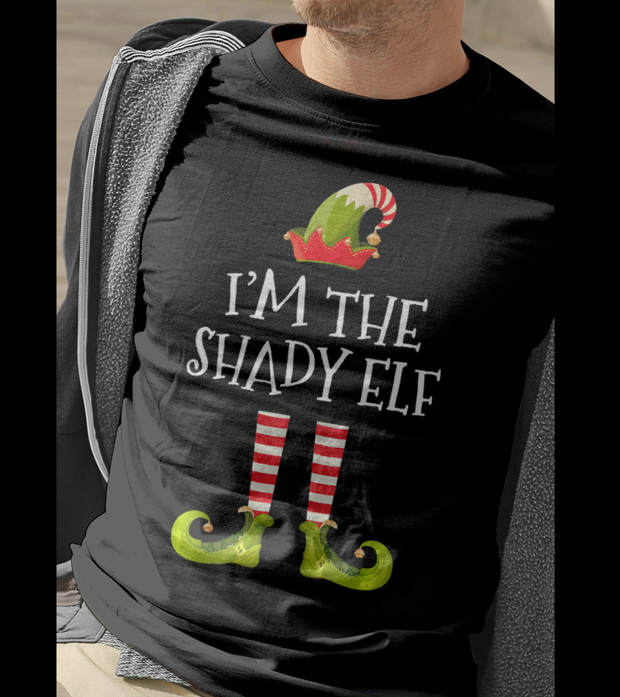 I'm The Shady Elf Christmas Costume Striped Socks Festive Hat Green Shoes T-Shirt