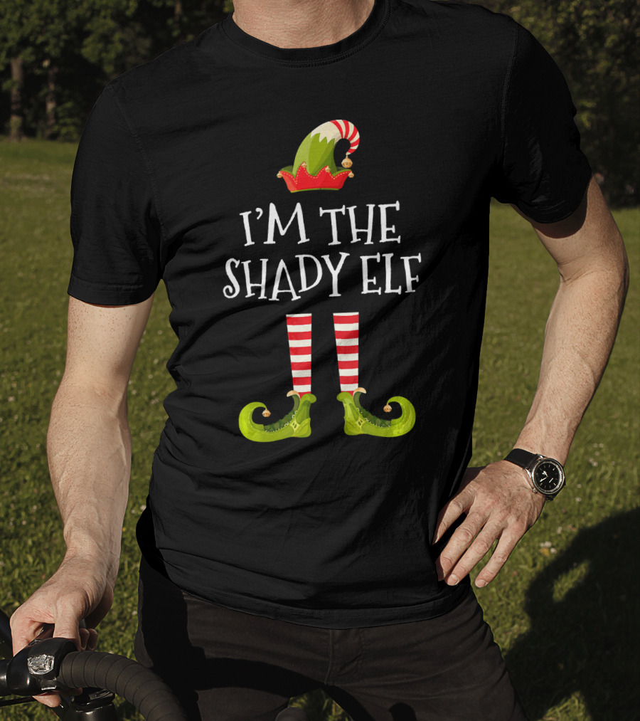 I'm The Shady Elf Christmas Costume Striped Socks Festive Hat Green Shoes T-Shirt