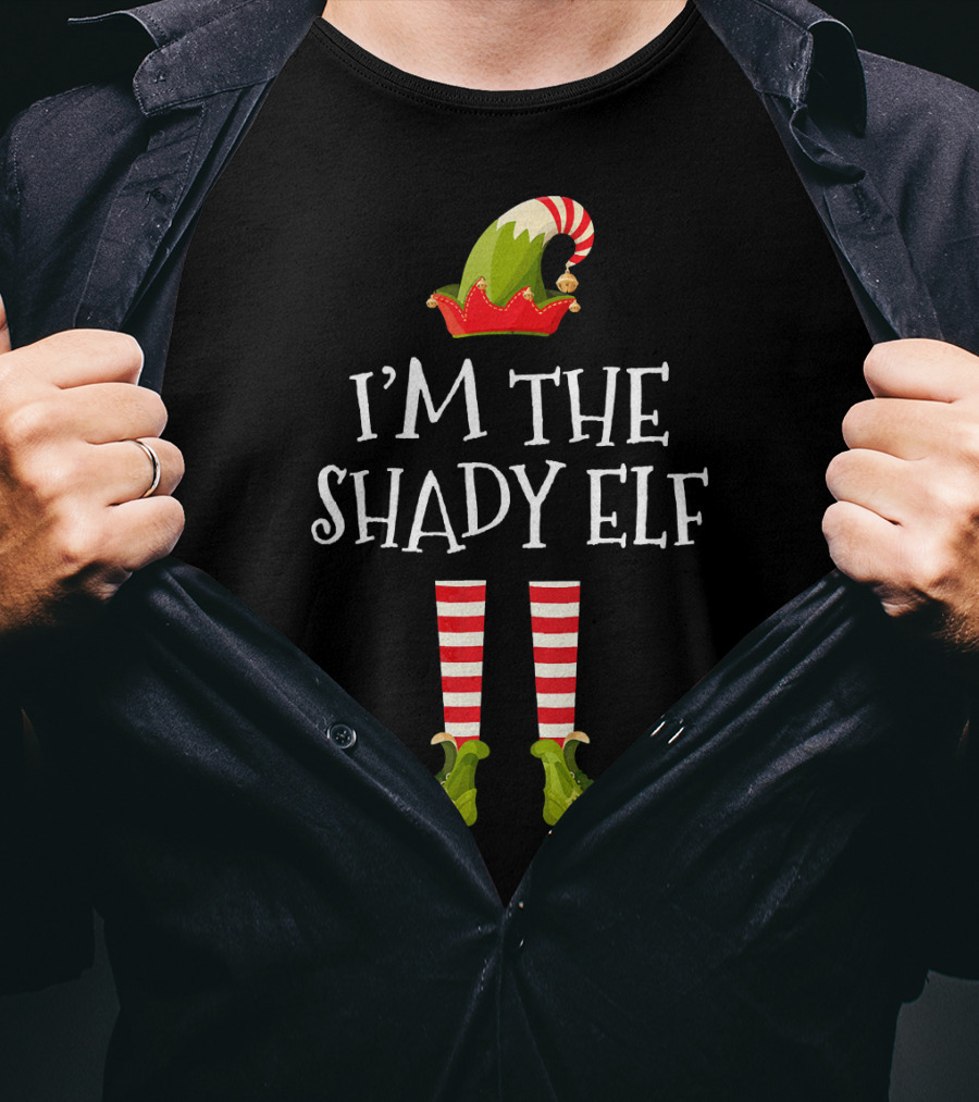 I'm The Shady Elf Christmas Costume Striped Socks Festive Hat Green Shoes T-Shirt