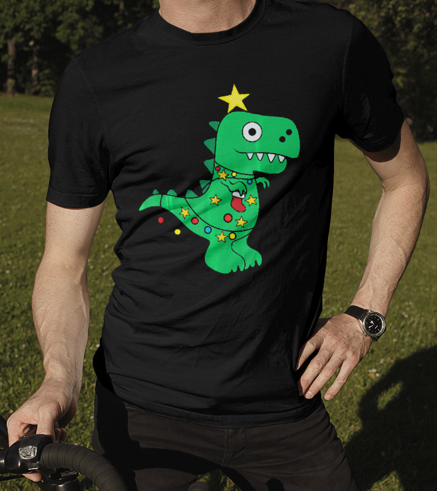 Christmas Dinosaur Rex With Star And Lights T-Shirt