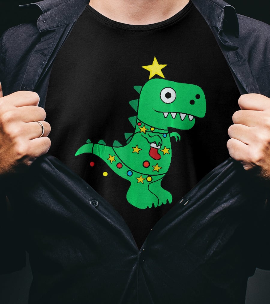Christmas Dinosaur Rex With Star And Lights T-Shirt