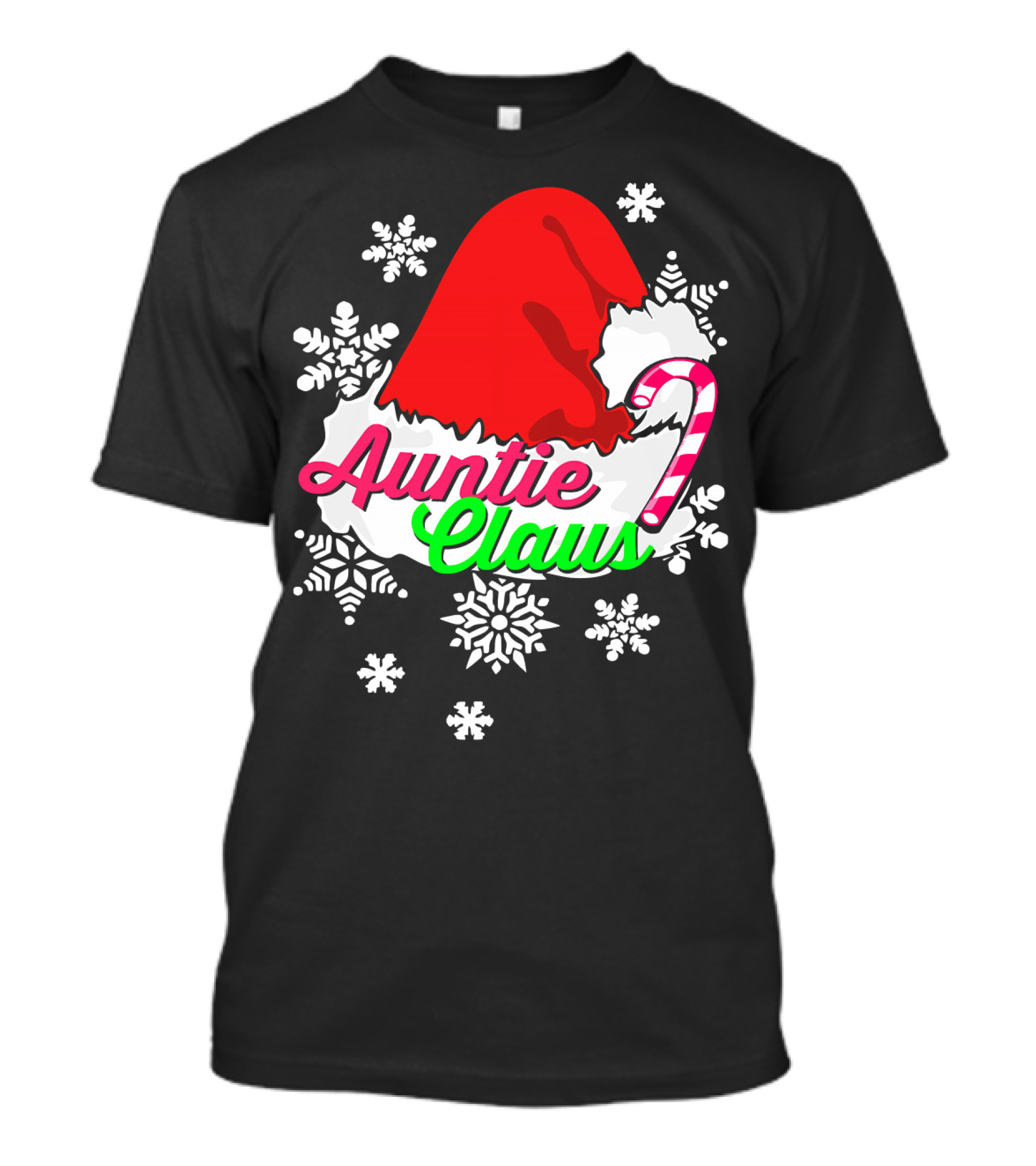 Auntie Claus Christmas Candy Cane Snowflakes Santa Hat T-Shirt