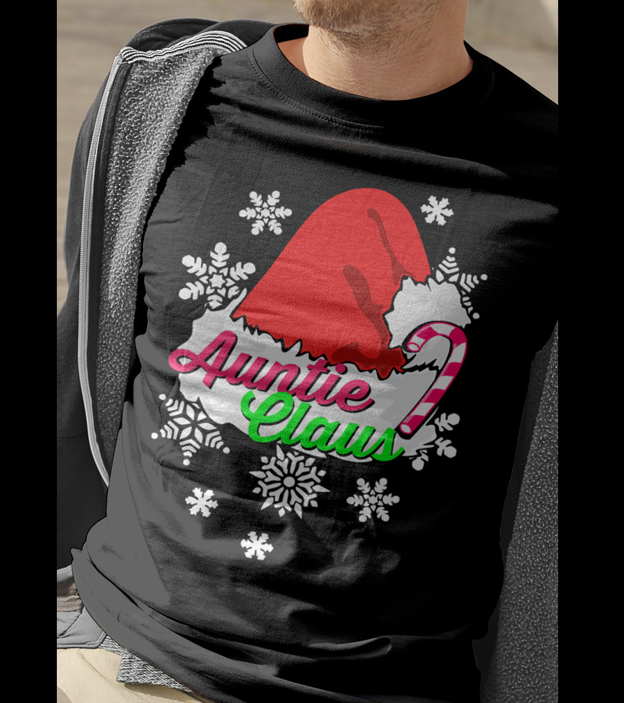 Auntie Claus Christmas Candy Cane Snowflakes Santa Hat T-Shirt