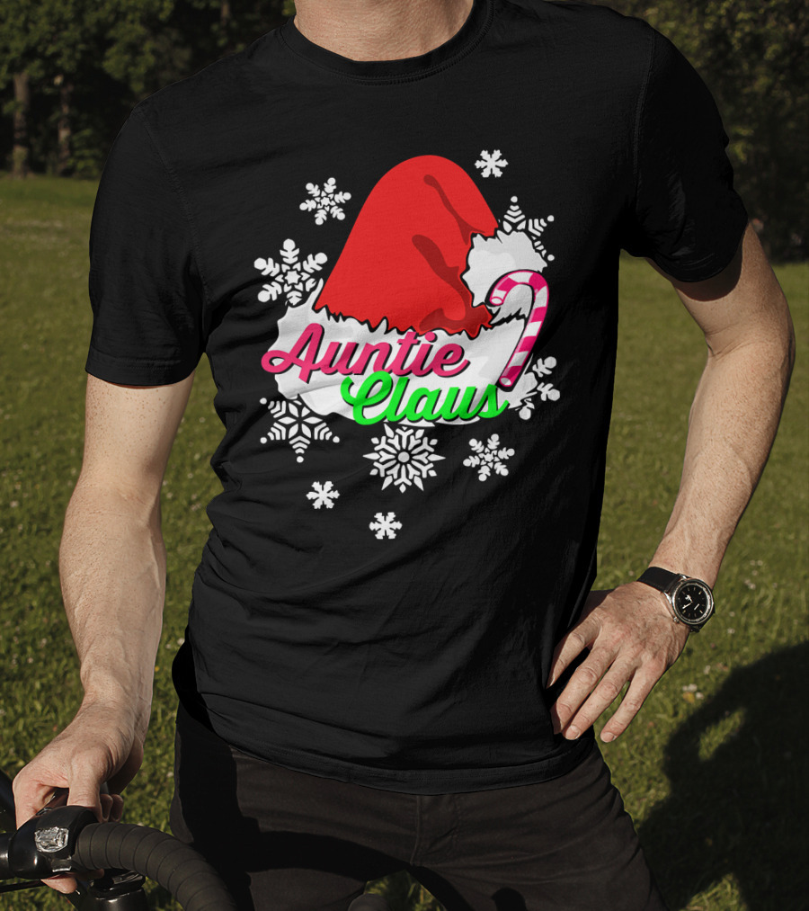 Auntie Claus Christmas Candy Cane Snowflakes Santa Hat T-Shirt