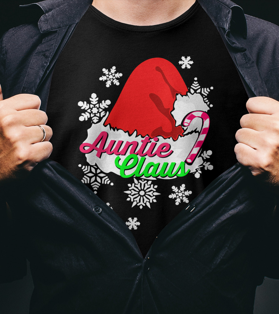 Auntie Claus Christmas Candy Cane Snowflakes Santa Hat T-Shirt