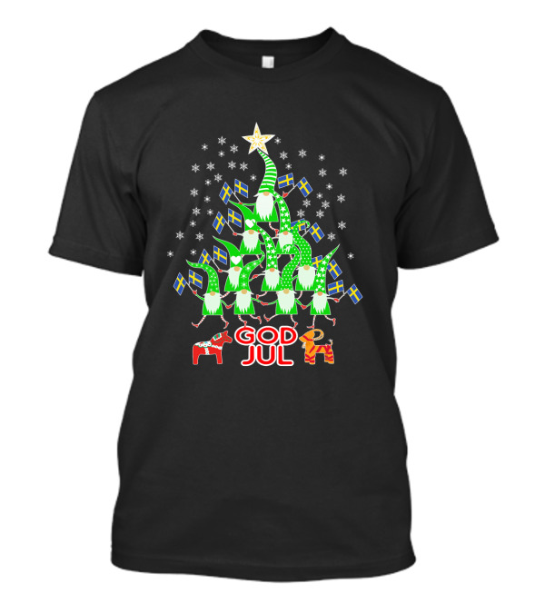 God Jul Christmas Tree Swedish Flags Tomte Nisse Dala Horse T-Shirt