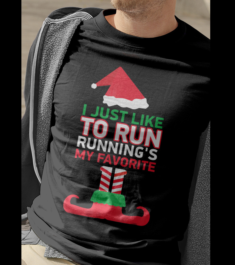 I Just Like To Run Running's My Favorite Santa Hat And Elf Shoes T-Shirt