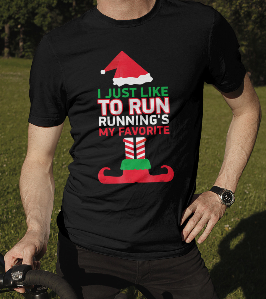 I Just Like To Run Running's My Favorite Santa Hat And Elf Shoes T-Shirt