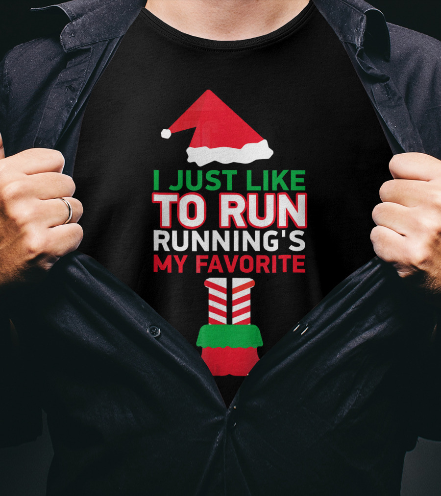 I Just Like To Run Running's My Favorite Santa Hat And Elf Shoes T-Shirt