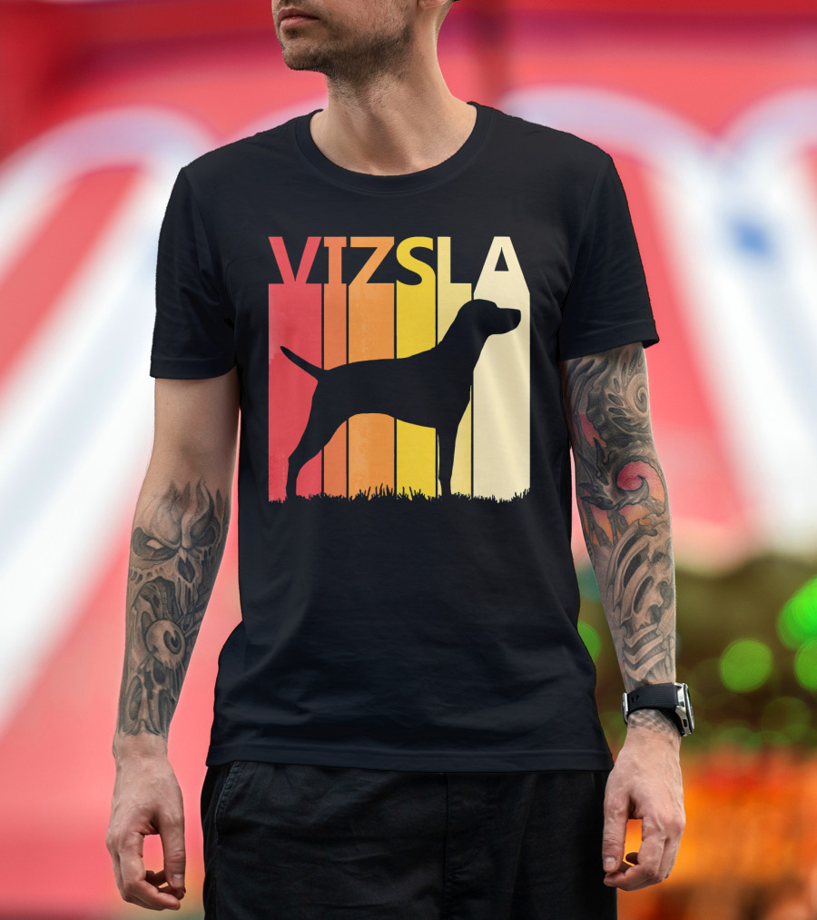 Retro Vizsla Dog Silhouette with Gradient Stripes T-Shirt