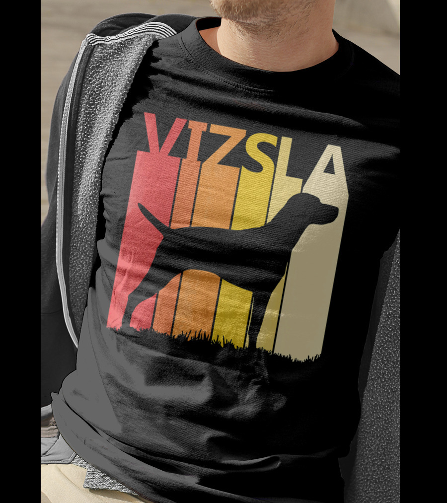 Retro Vizsla Dog Silhouette With Gradient Stripes T-Shirt