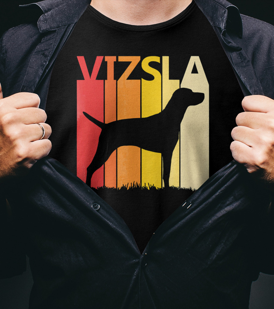 Retro Vizsla Dog Silhouette With Gradient Stripes T-Shirt