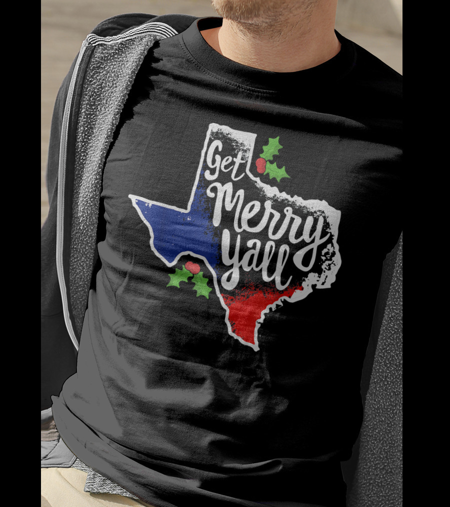 Get Merry Yall Texas State Outline Holly Berries Red White Blue T-Shirt