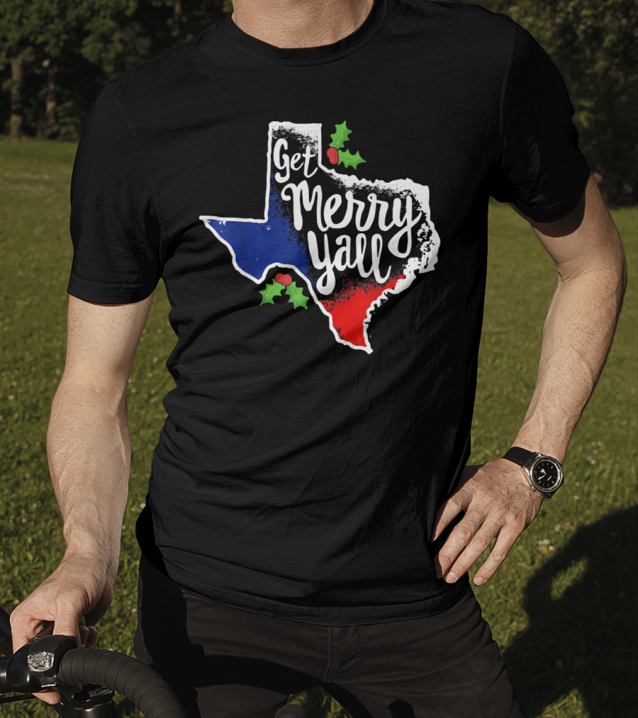 Get Merry Yall Texas State Outline Holly Berries Red White Blue T-Shirt