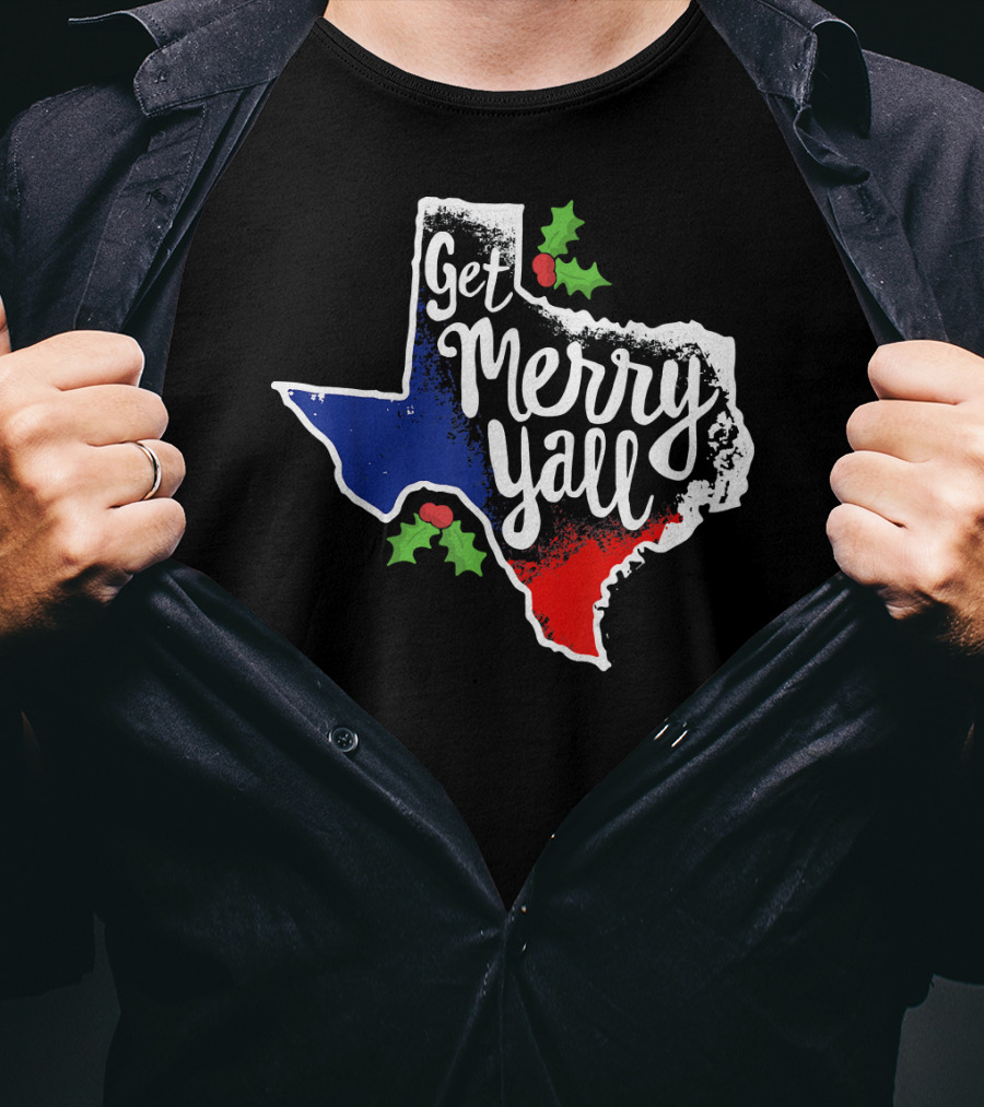 Get Merry Yall Texas State Outline Holly Berries Red White Blue T-Shirt