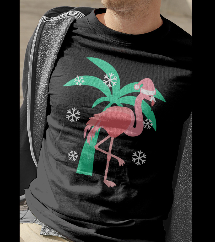 Pink Flamingo With Santa Hat And Palm Tree Snowflakes Christmas T-Shirt