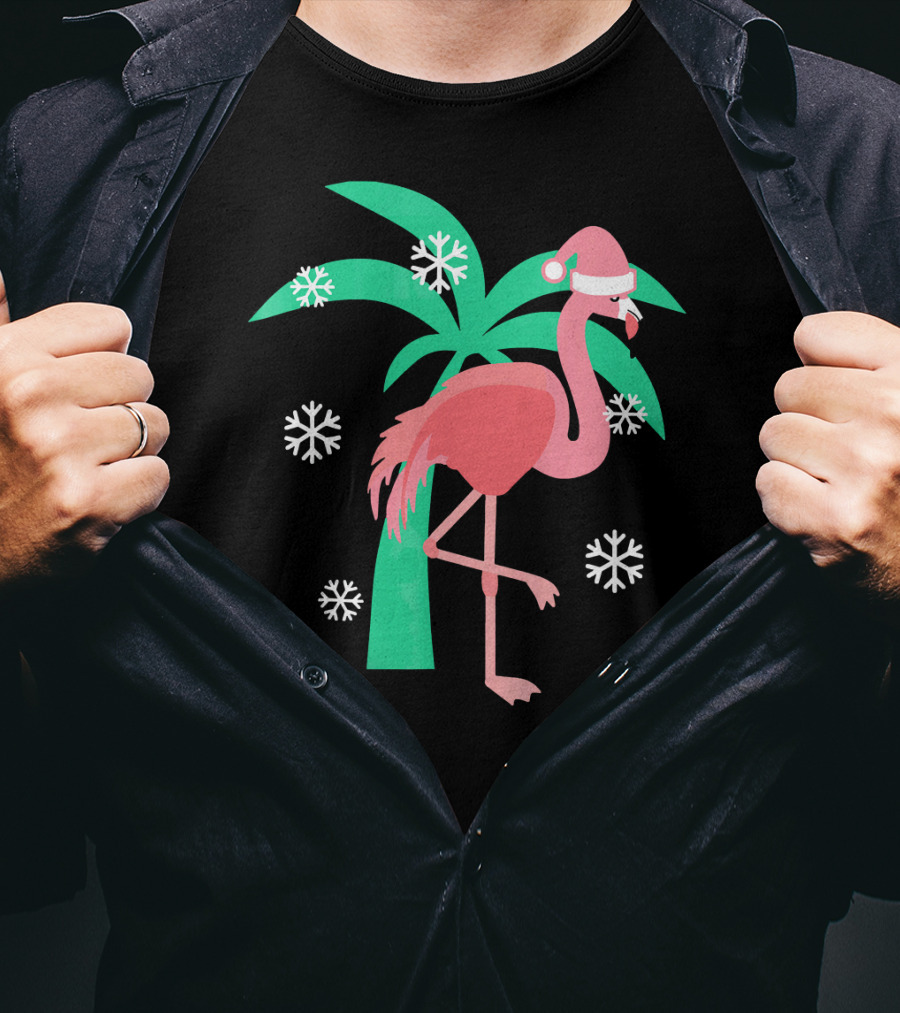 Pink Flamingo With Santa Hat And Palm Tree Snowflakes Christmas T-Shirt