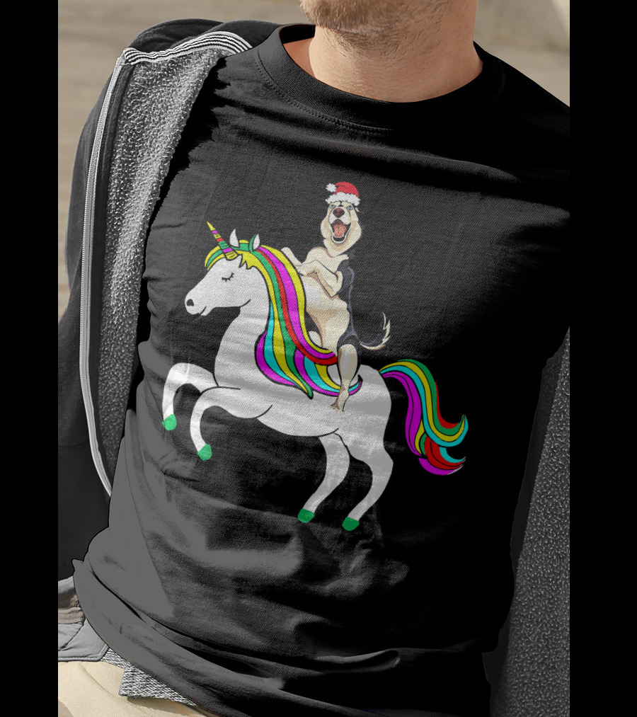 Pug Christmas Dog Riding Rainbow Unicorn T-Shirt