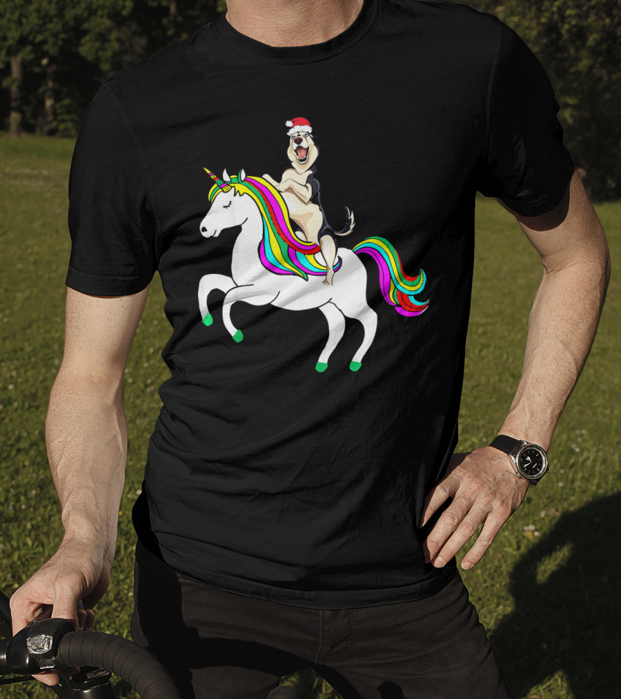 Pug Christmas Dog Riding Rainbow Unicorn T-Shirt