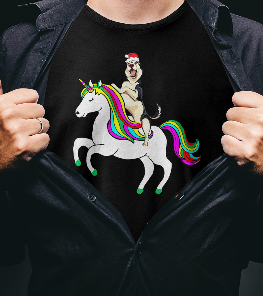 Pug Christmas Dog Riding Rainbow Unicorn T-Shirt