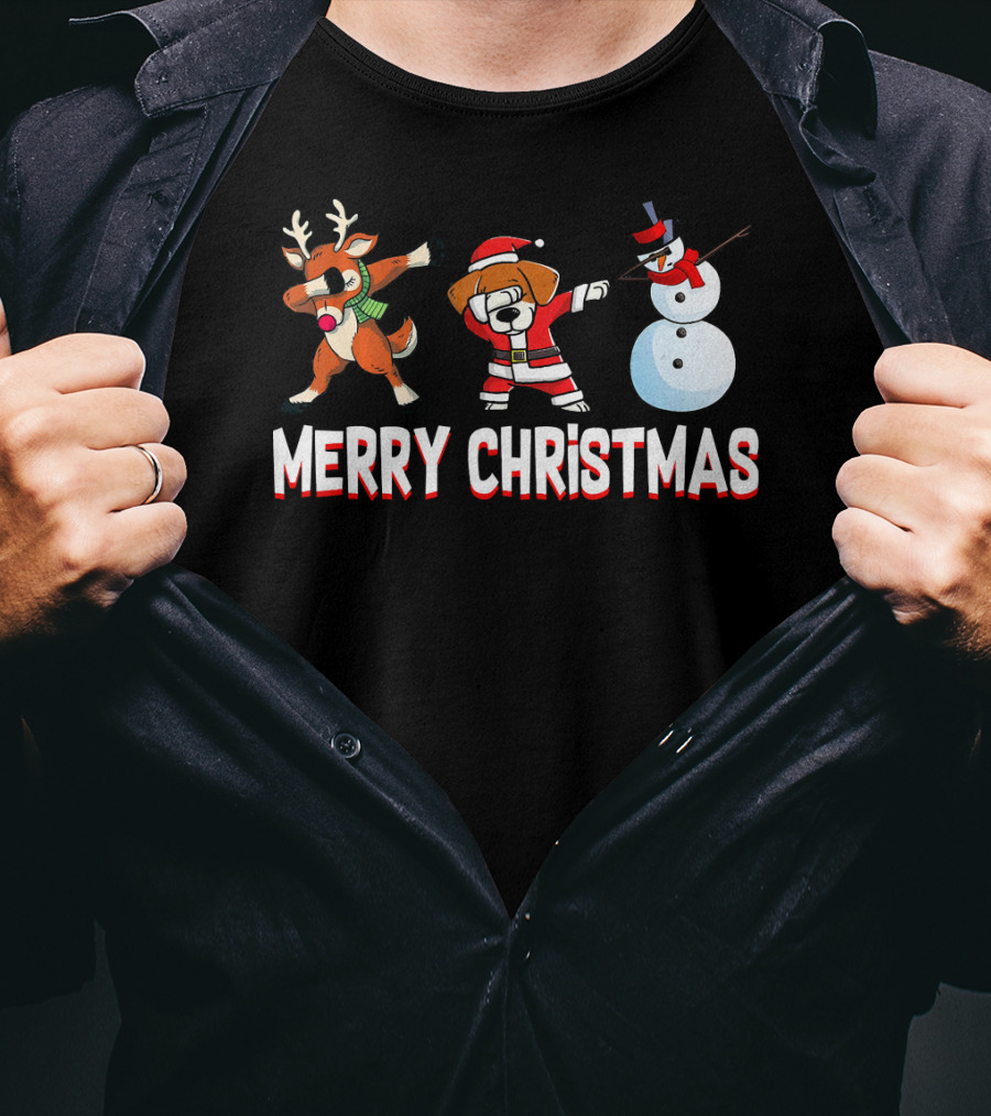 Merry Christmas Reindeer Santa Dog And Snowman T-Shirt