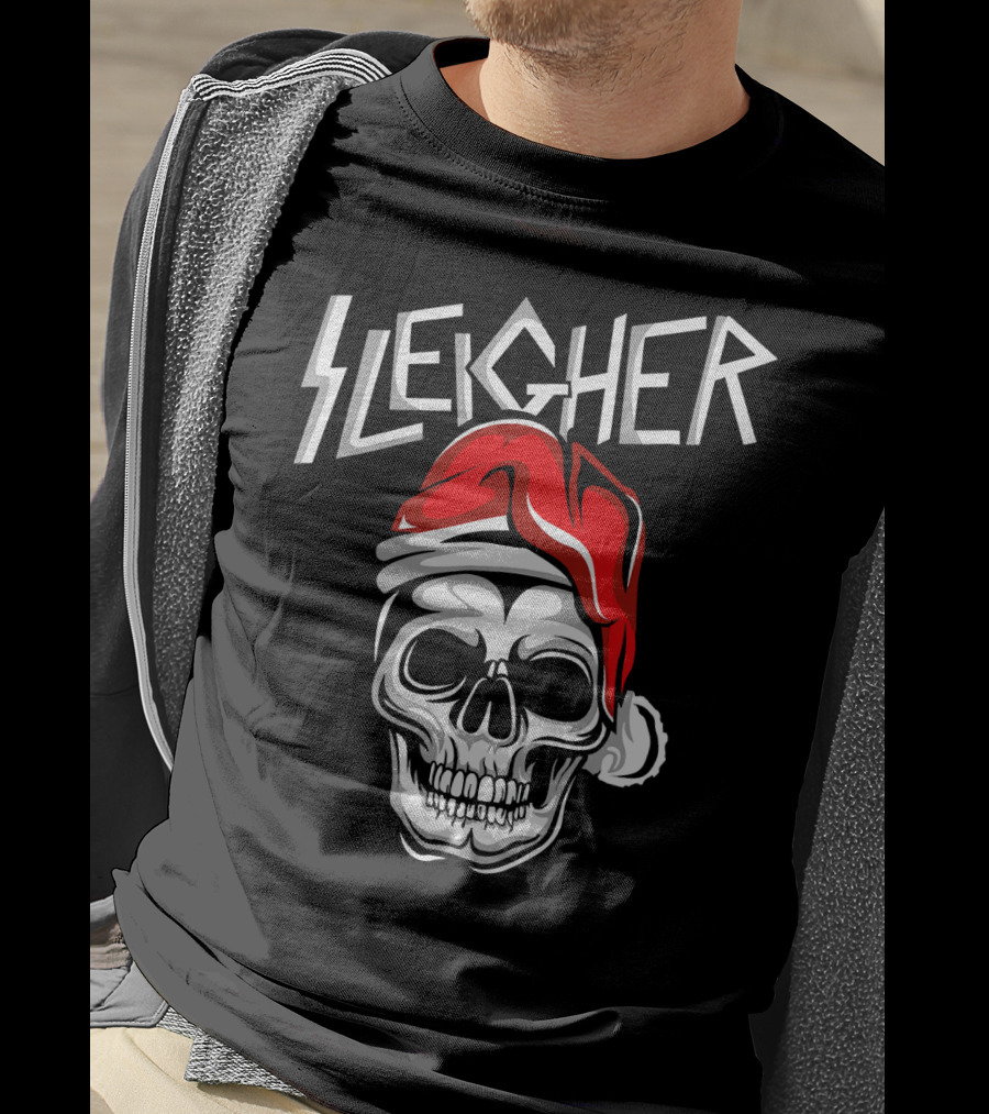 Sleigher Heavy Metal Music Skull With Santa Hat T-Shirt