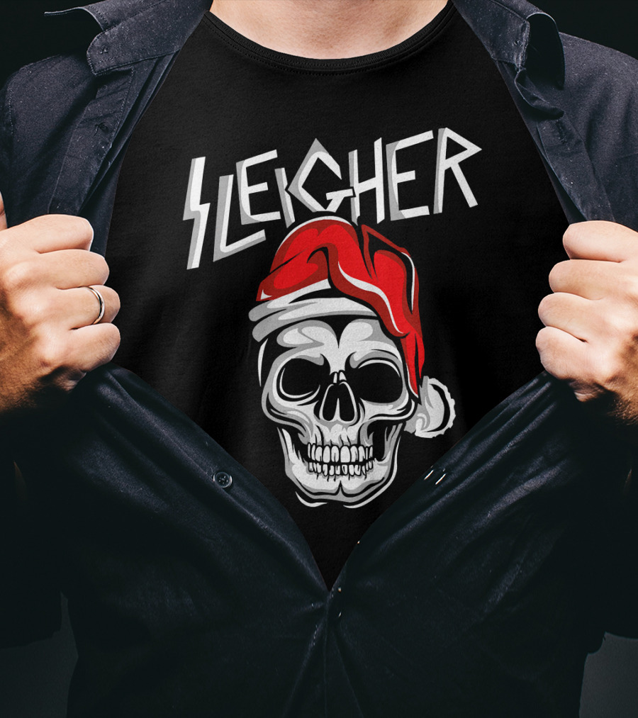 Sleigher Heavy Metal Music Skull With Santa Hat T-Shirt