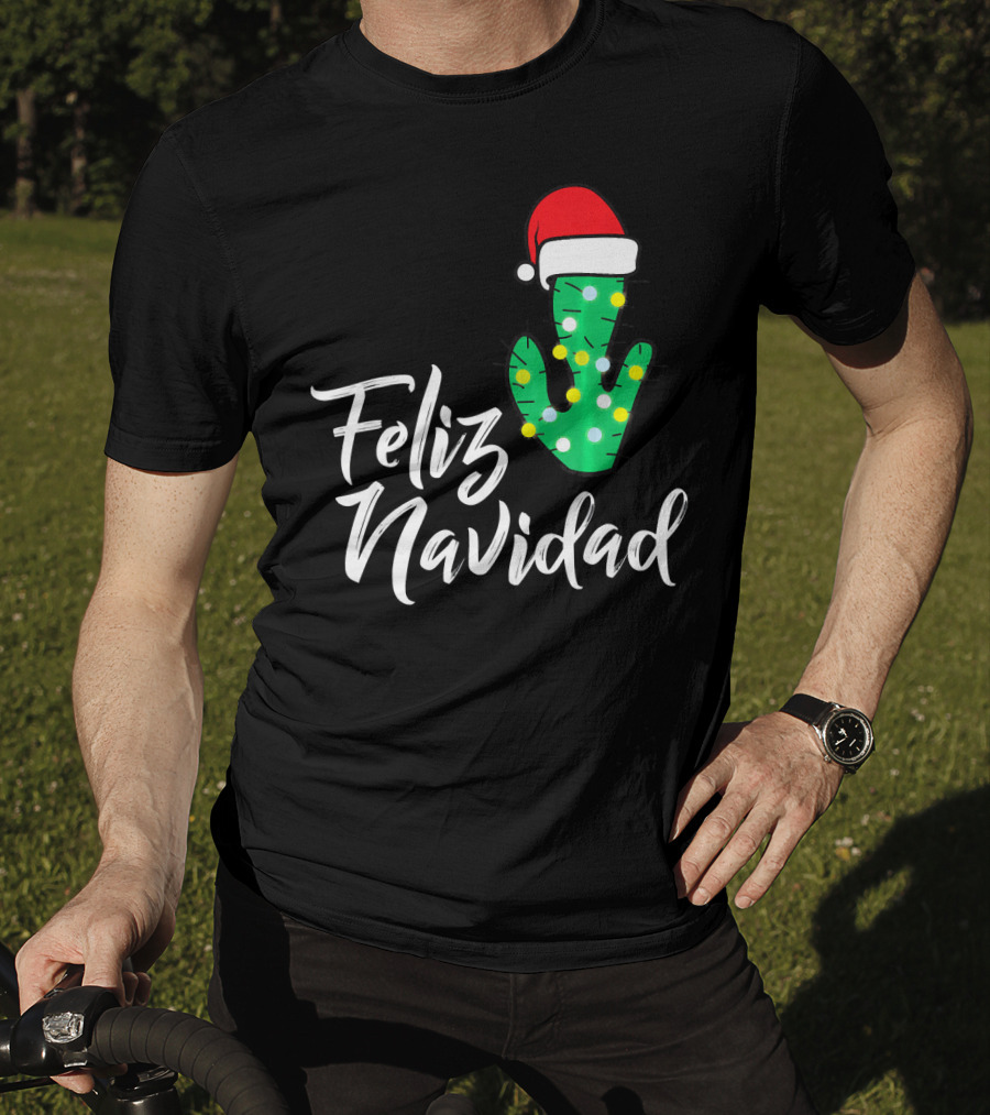 Feliz Navidad Cactus With Santa Hat And Christmas Lights T-Shirt
