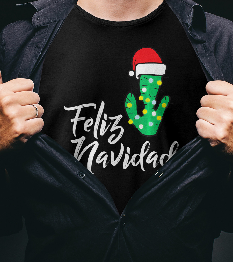 Feliz Navidad Cactus With Santa Hat And Christmas Lights T-Shirt