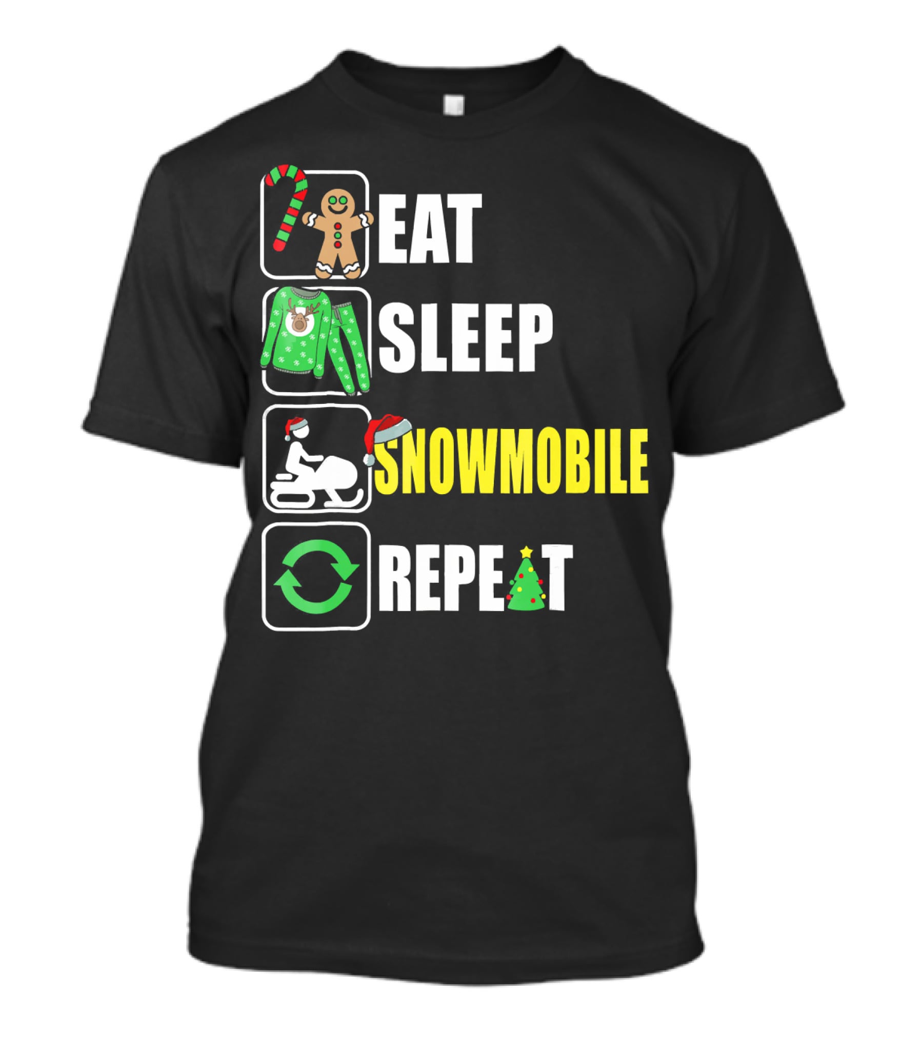 Eat Sleep Snowmobile Repeat Christmas Holiday Icons Gingerbread Sweater Candy Cane T-Shirt