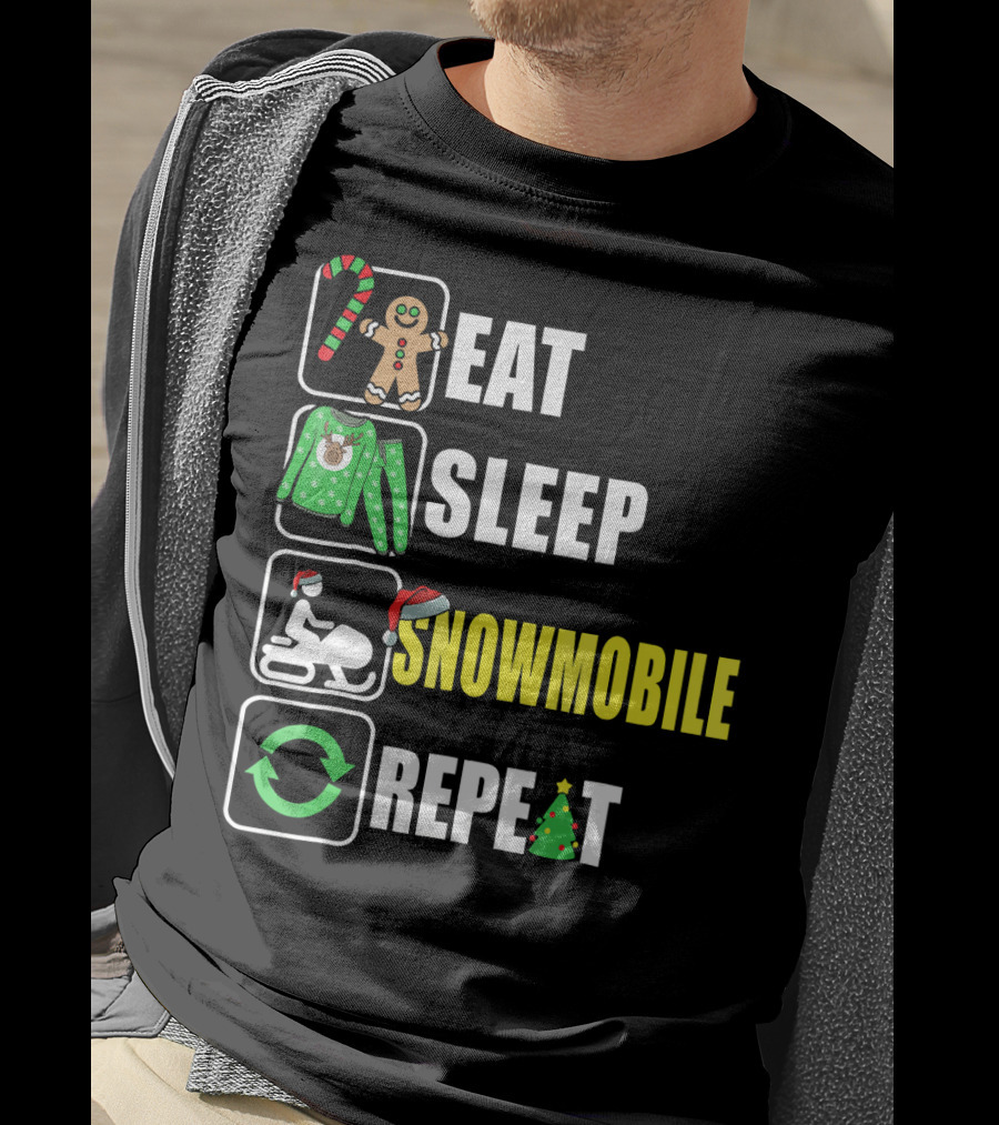 Eat Sleep Snowmobile Repeat Christmas Holiday Icons Gingerbread Sweater Candy Cane T-Shirt