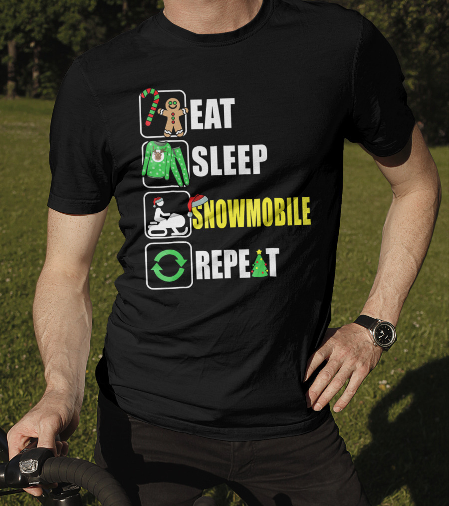 Eat Sleep Snowmobile Repeat Christmas Holiday Icons Gingerbread Sweater Candy Cane T-Shirt
