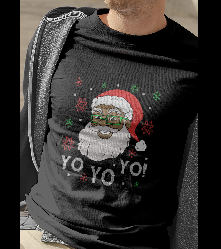 Yo Yo Yo Fun Black Santa Claus Christmas Snowflakes Glasses T-Shirt
