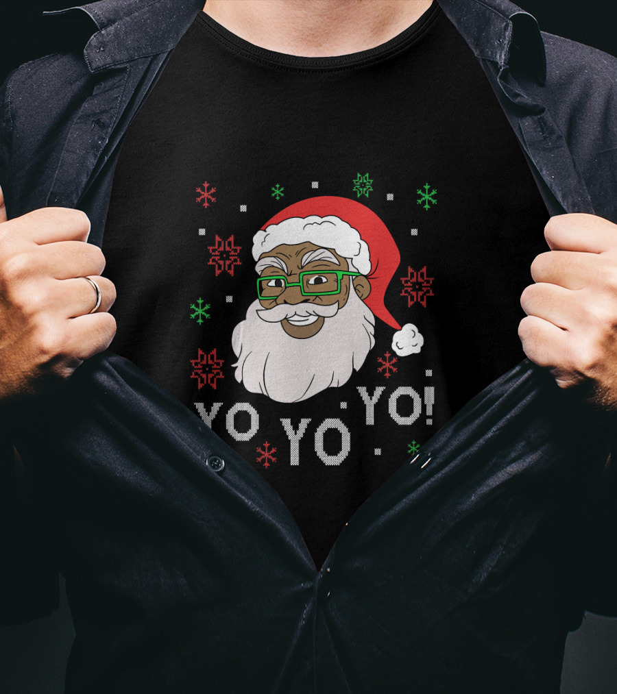 Yo Yo Yo Fun Black Santa Claus Christmas Snowflakes Glasses T-Shirt