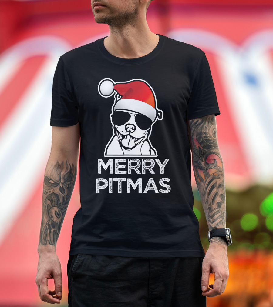 Merry Pitmas Funny Christmas Pitbull with Santa Hat and Sunglasses T-Shirt