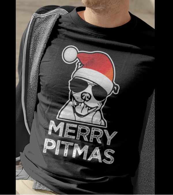Merry Pitmas Funny Christmas Pitbull With Santa Hat And Sunglasses T-Shirt