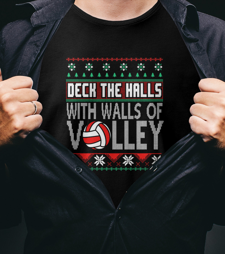 Deck The Halls With Walls Of Volley Volleyball Christmas T-Shirt