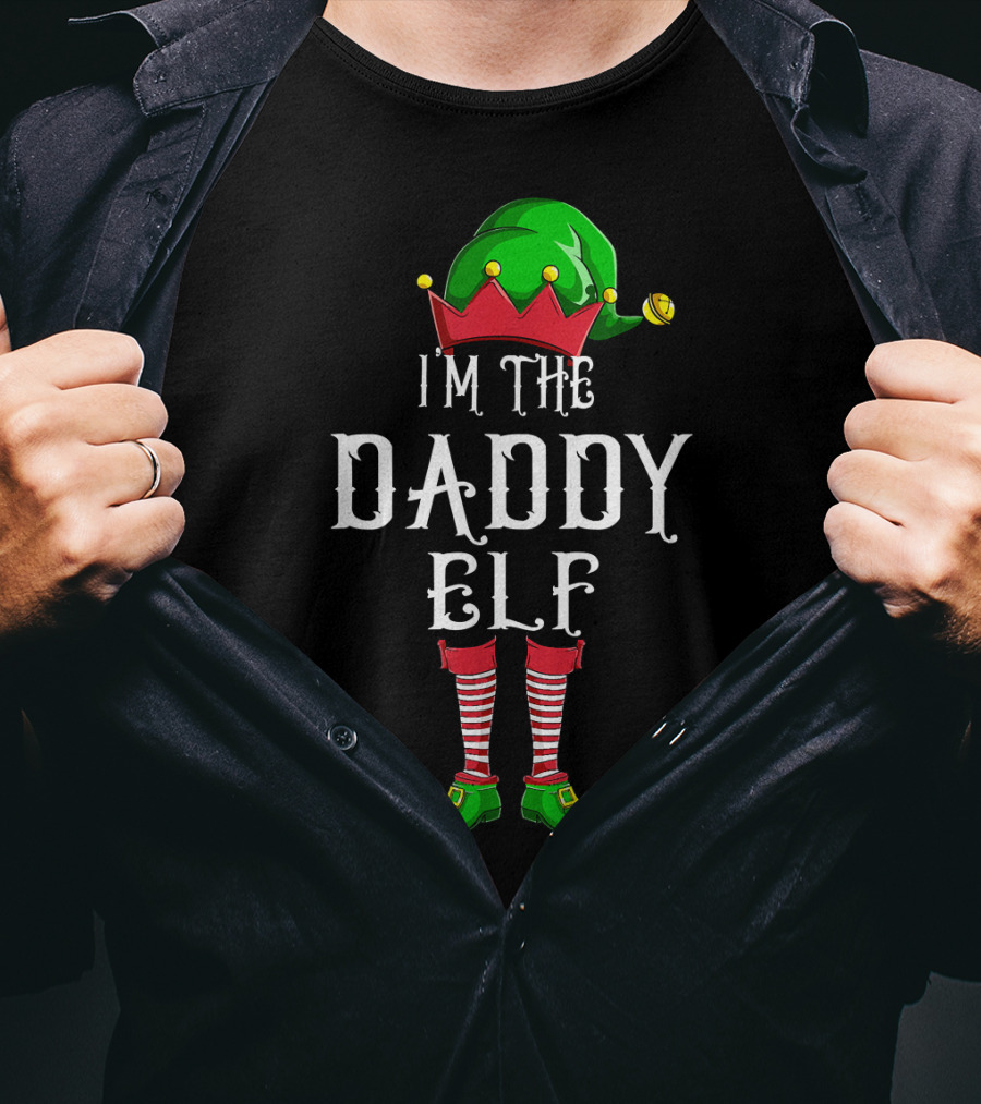 I'm The Daddy Elf Christmas Costume Green Hat Red White Striped Socks T-Shirt